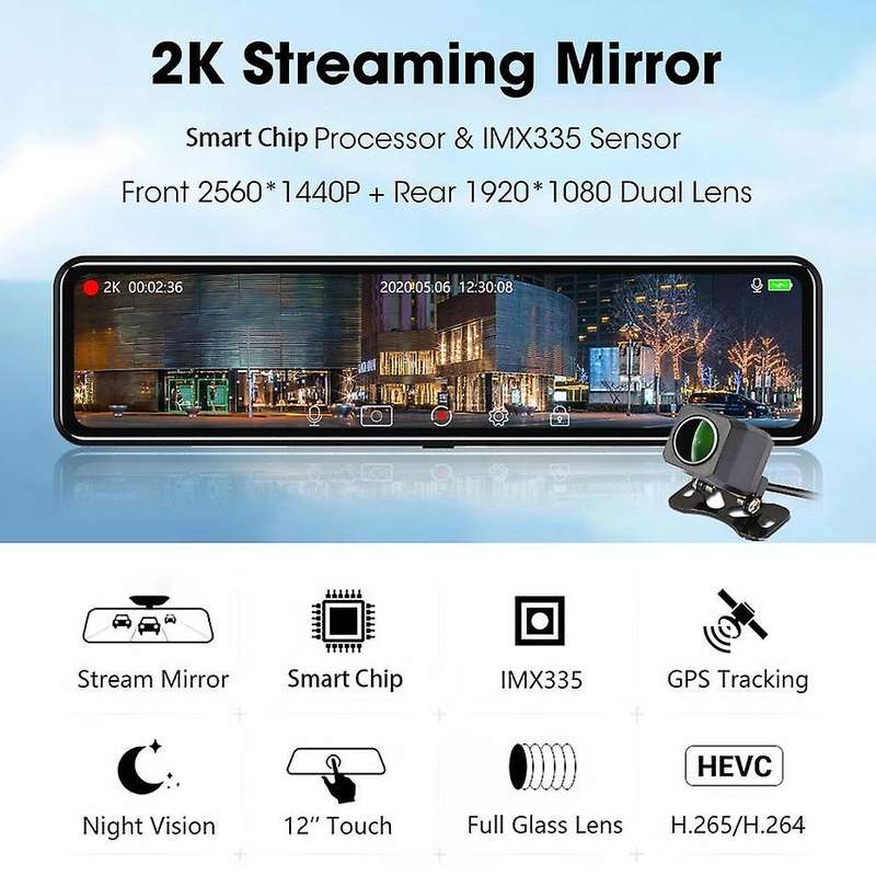 12 Inch Car Dvr Streaming Media Rear View Mirror Full HD 2K+1080P Dash Cam Dual Lens Video Recorder