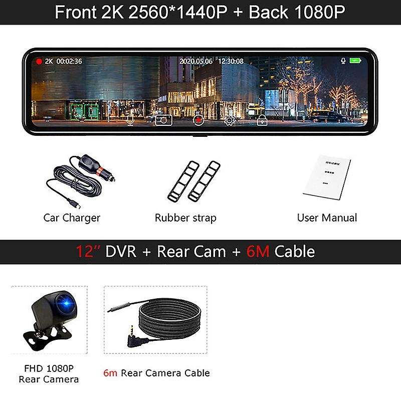 12 Inch Car Dvr Streaming Media Rear View Mirror Full HD 2K+1080P Dash Cam Dual Lens Video Recorder