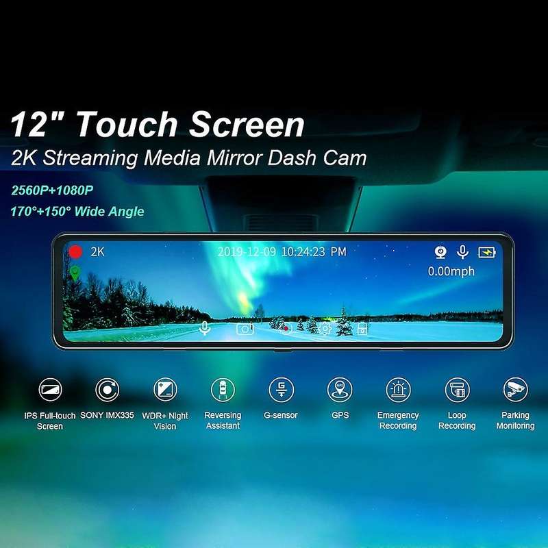 12 Inch Car DVR 2K Stream Media Dash Cam Contact Screen Dash Camera Dual Lens Rearview Mirror Drivin