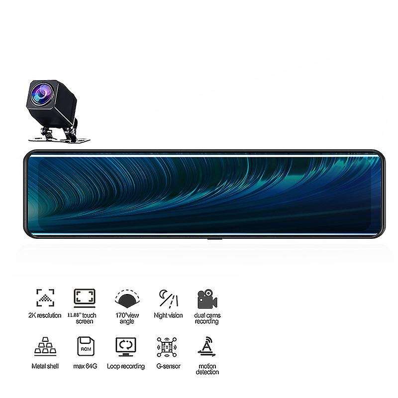 12 Inch Car DVR 2K Stream Media Dash Cam Contact Screen Dash Camera Dual Lens Rearview Mirror Drivin