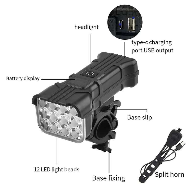 12 Led Bike Light Highlight Usb Rechargeable Waterproof Bicycle Headlight with Bicycle Horn,without