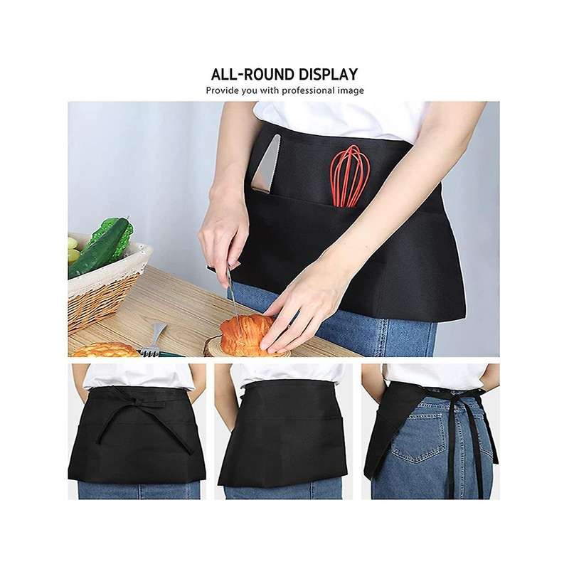12 Pack - Black Server Waist , Waitress Half Apron Belt Pocket Apron