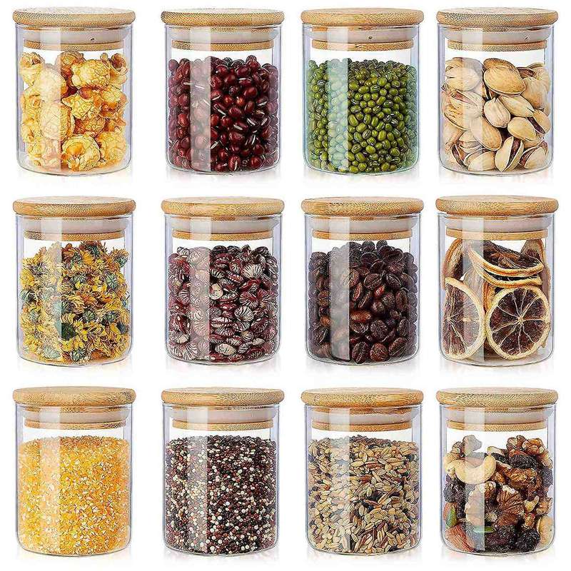 12 Pack Glass Jars Set, Spice Jars with Bamboo Lids, Clear Glass Food Storage Containers, Kitchen Ca