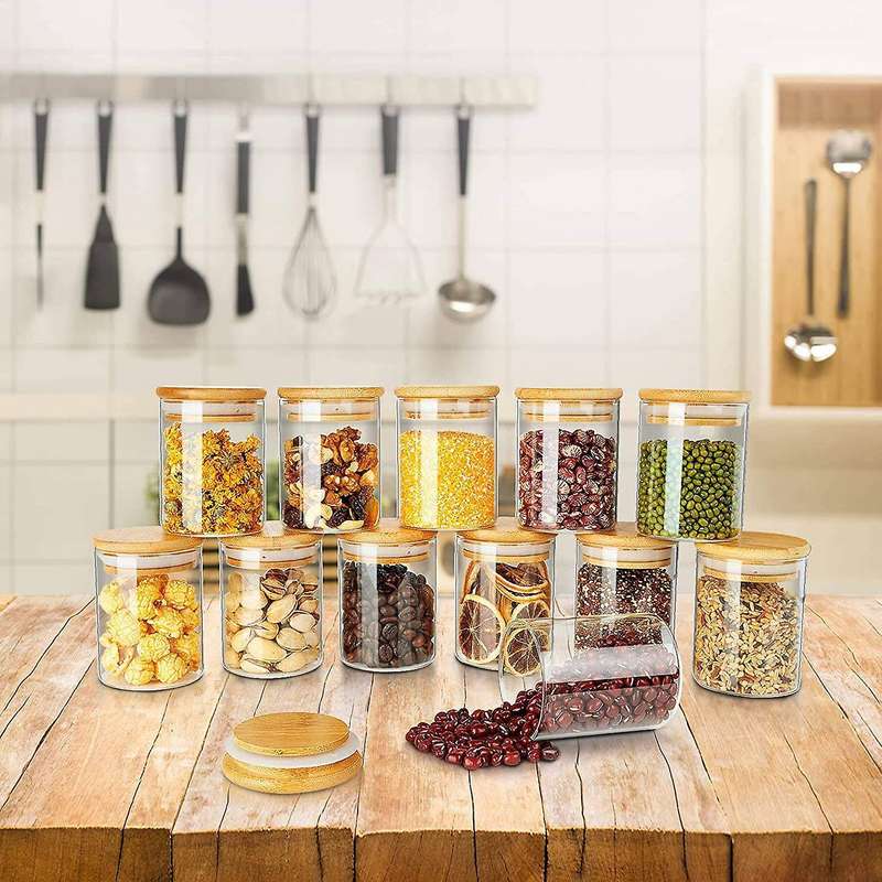 12 Pack Glass Jars Set, Spice Jars with Bamboo , Clear Glass Food Storage Containers, Kitchen Canis