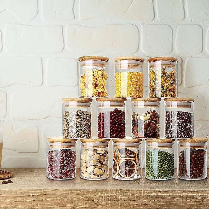 12 Pack Glass Jars Set, Spice Jars with Bamboo , Clear Glass Food Storage Containers, Kitchen Canis