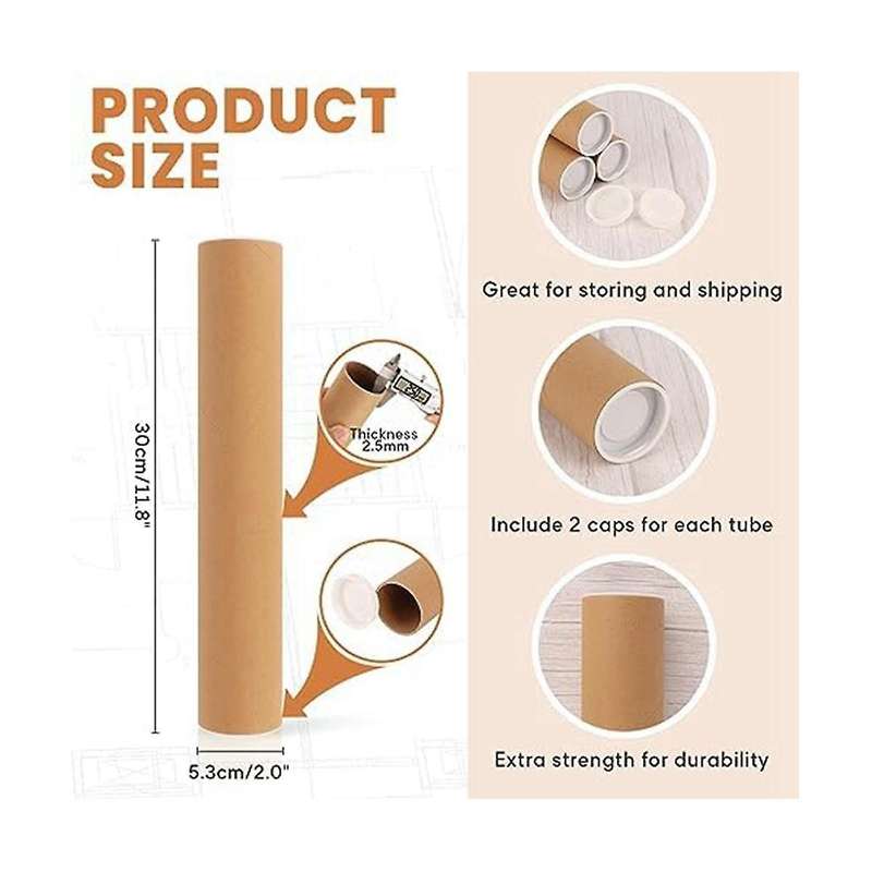 12 Pack Mailing Tubes with Caps for Packaging Posters, 2x12 Inch Cardboard Mailers Tube, Poster Tube