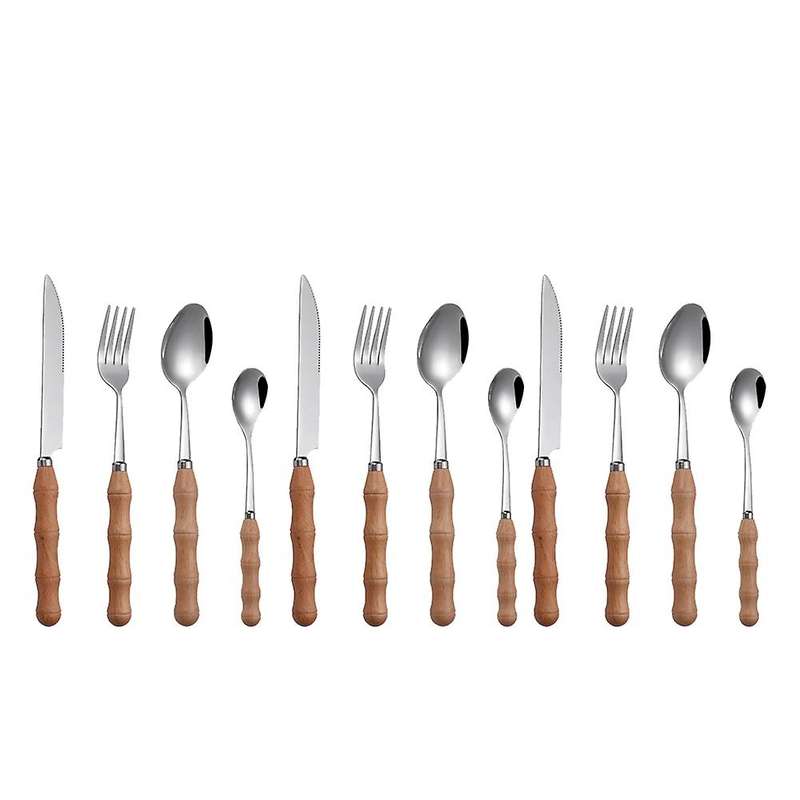 12 Pcs Bamboo Wood Flatware Set,stainless Steel Cutlery Set,wooden Handle Flatware,dinner Knife Din