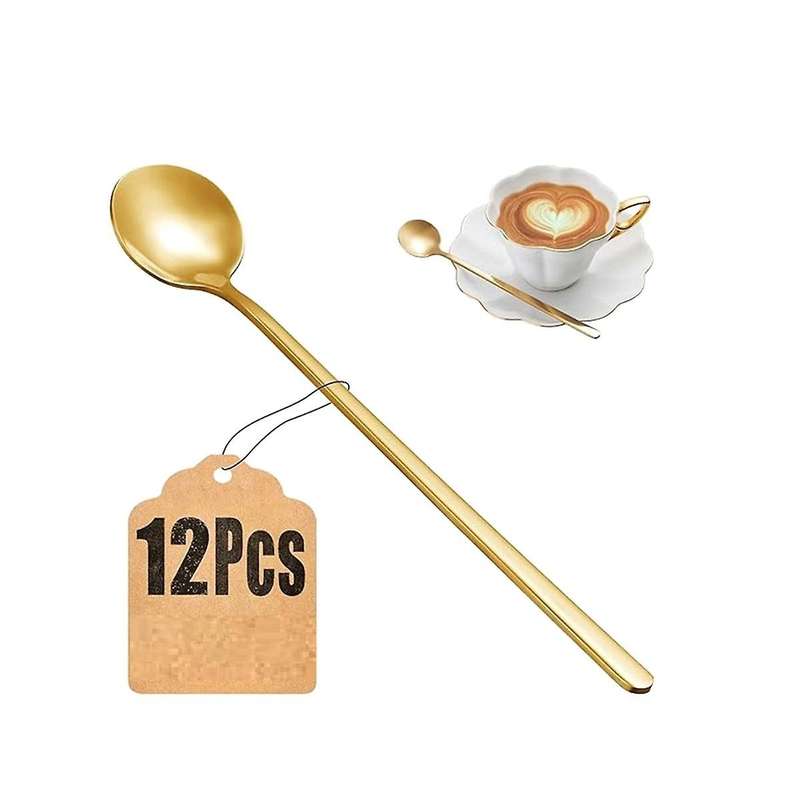 12 Pcs Coffee Spoons Set Gold Tea Spoons Long Handle Stirring Spoons Coffee Rounded Stirring Spoon H