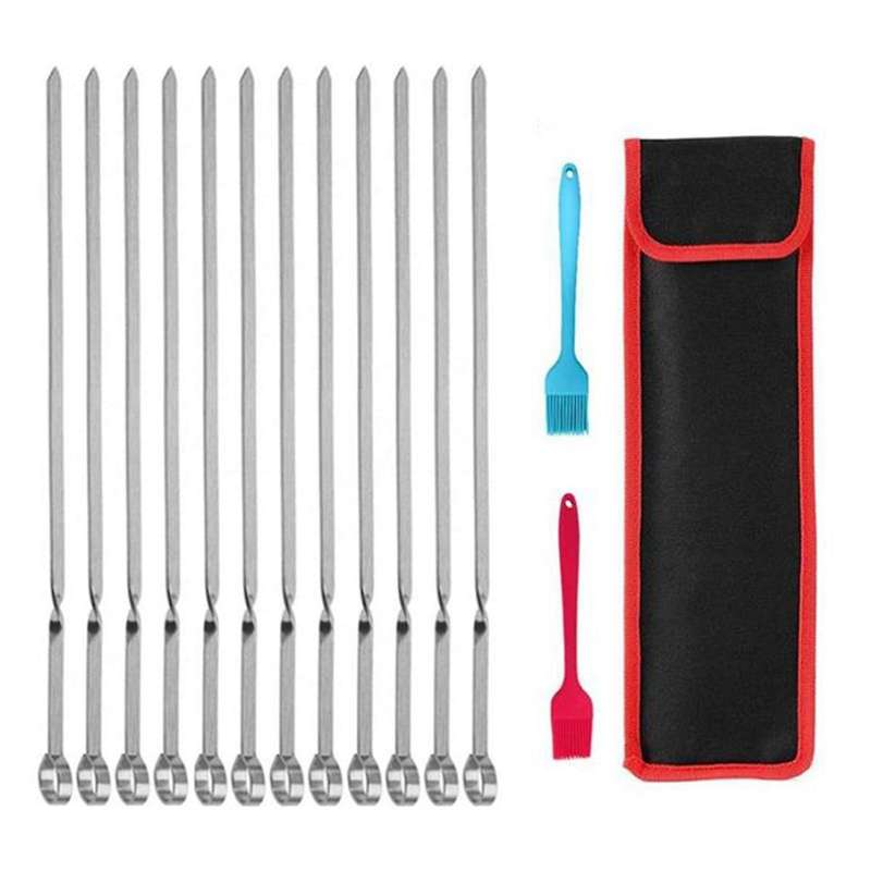 12 Pcs Flat Barbecue Skewers,Reusable Barbecue Skewers,With Baking Brush,for Meat Shrimp,Chicken,Veg