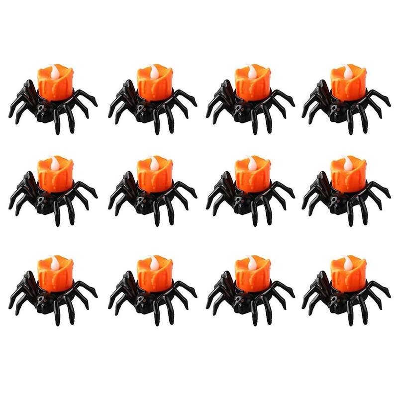 12 Pcs Halloween Tea Lights Candles, Halloween Spider Tealights Spooky Electric Flickering Candles