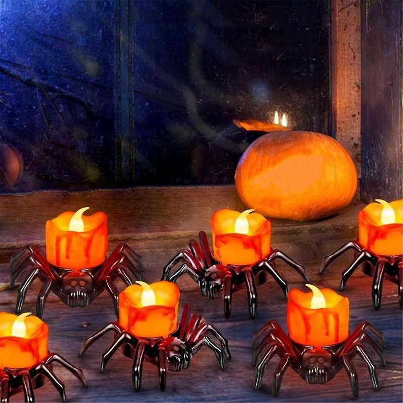 12 Pcs Halloween Tea Lights Candles, Halloween Spider Tealights Spooky Electric Flickering Candles