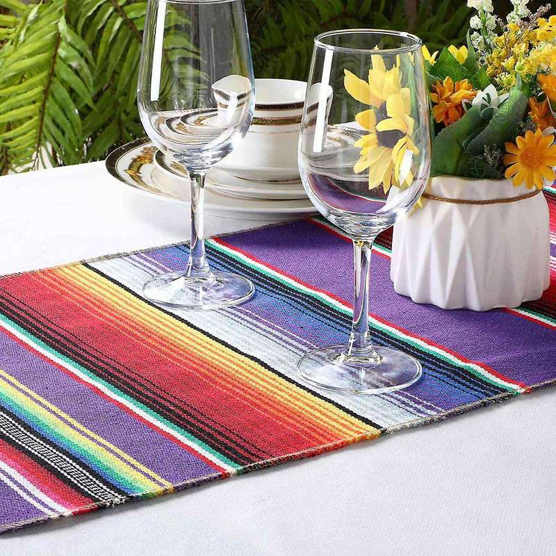 12 Pcs Mexican Table Runner Mexican Party Table Blanket Colorful Striped Runner Fringe Cotton Table
