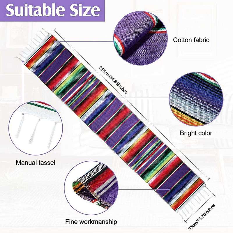 12 Pcs Mexican Table Runner Mexican Party Table Blanket Colorful Striped Runner Fringe Cotton Table