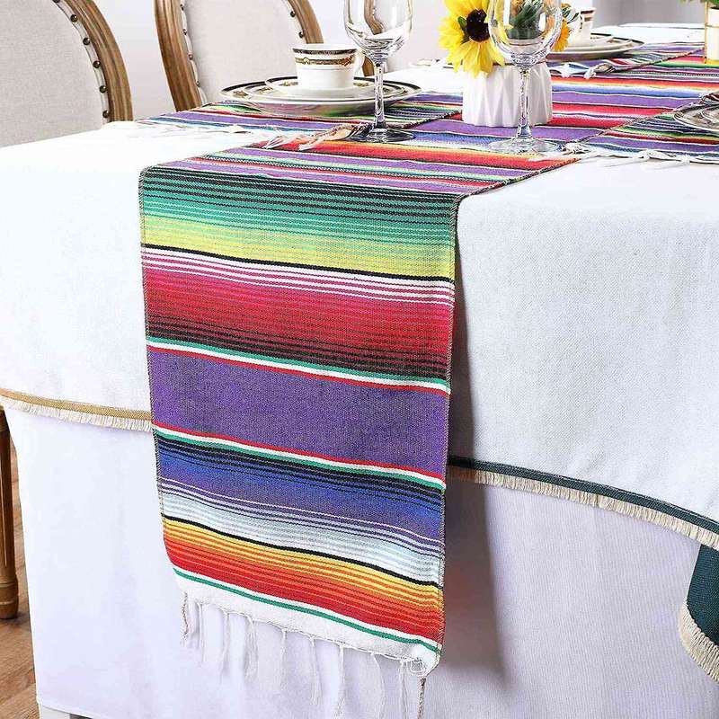 12 Pcs Mexican Table Runner Mexican Party Table Blanket Colorful Striped Runner Fringe Cotton Table