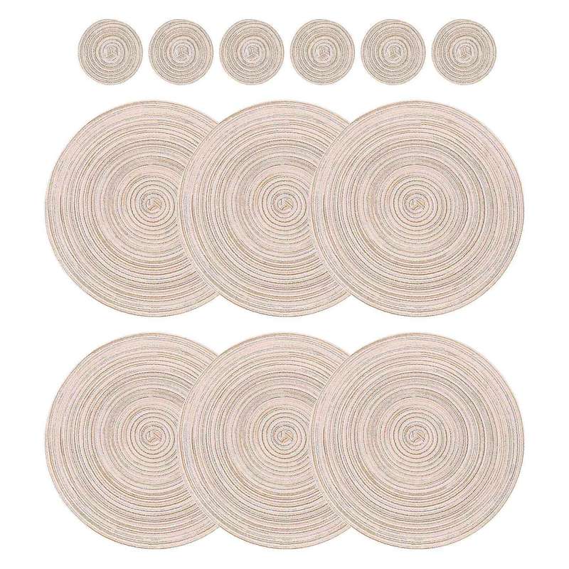 12 Pcs Round Placemats and Coasters Set(15 Inchx15 Inch&4.33 Inchx4.33 Inch) Beige