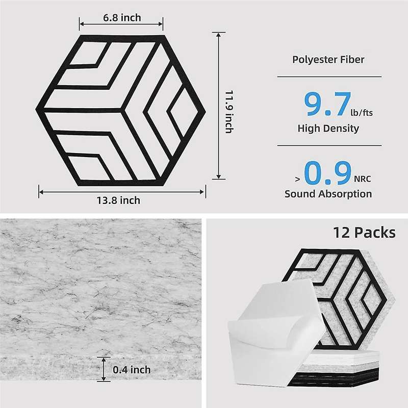 12 Pcs Self-adhesive Acoustic Panels,hexagon Sound Proof Panels,sound Absorbing Panels for Recordin
