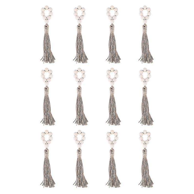 12 Pcs Wood Bead Napkin Rings with Tassels Rustic Farmhouse Garland Wall Hanging Decor Weddings Tab