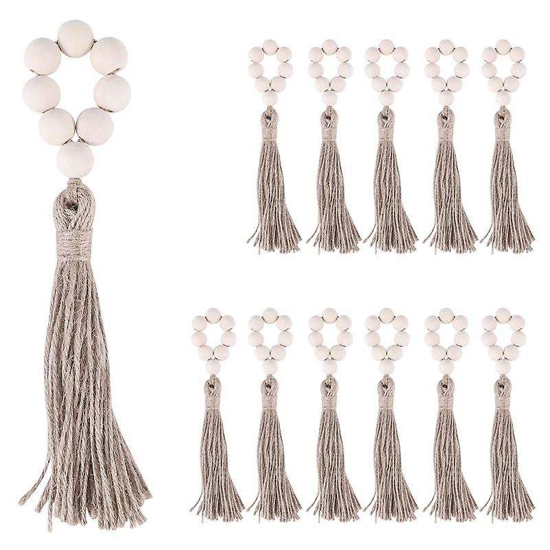 12 Pcs Wood Bead Napkin Rings with Tassels Rustic Farmhouse Garland Wall Hanging Decor Weddings Tab