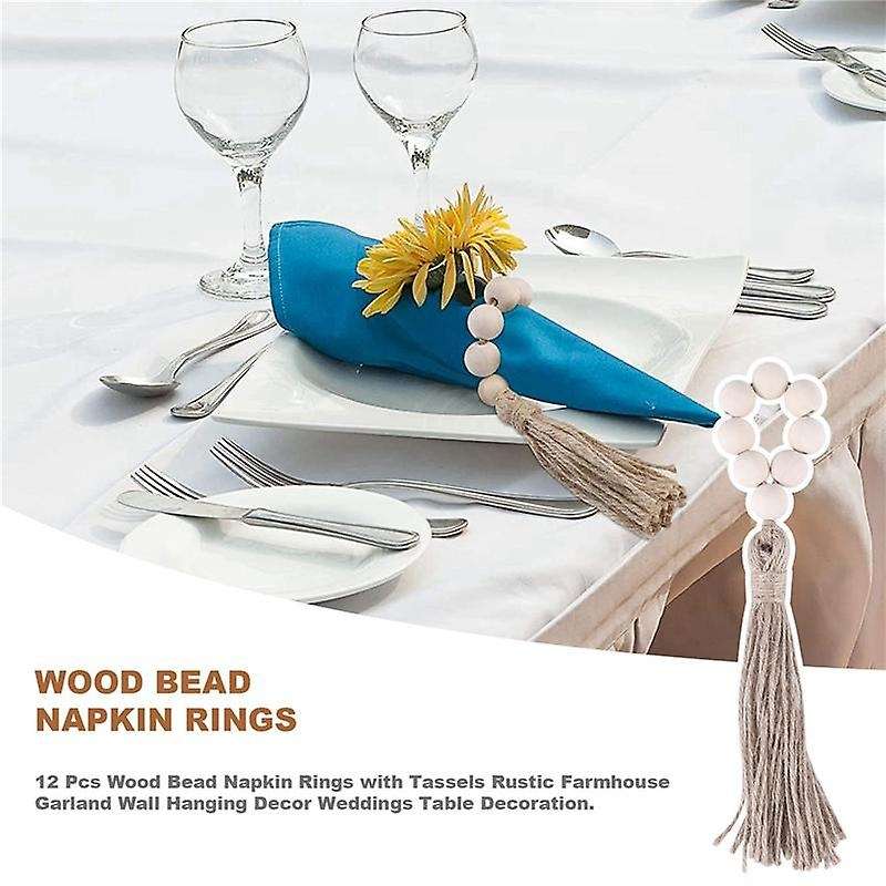 12 Pcs Wood Bead Napkin Rings with Tassels Rustic Farmhouse Garland Wall Hanging Decor Weddings Tab