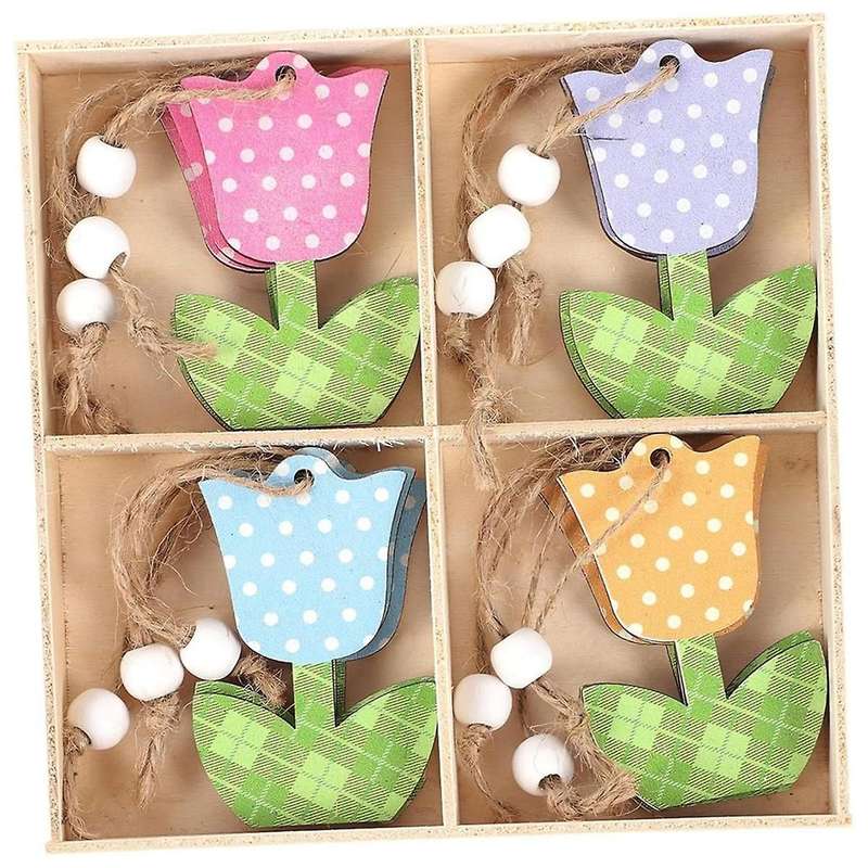 12 Pieces Tulip Ornaments Wooden Tulip Signs Mother'S Day Tulip Flower Ornaments Summer Ornaments Tr