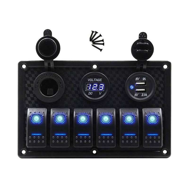12/24v 6 Buttons Switch Panel with Digital Voltmeter Tester 3.0 Usb Chargers Bule Light Boat Power