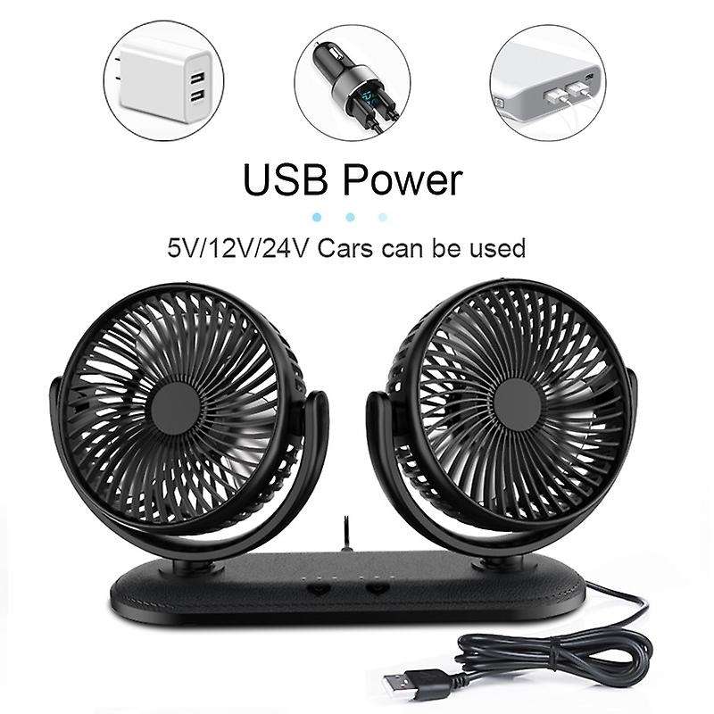 12/24V Portable Car Fan Adjustable 360 Degree Rotating Fan Air Cooling Dual Head Fan USB Quiet Deskt
