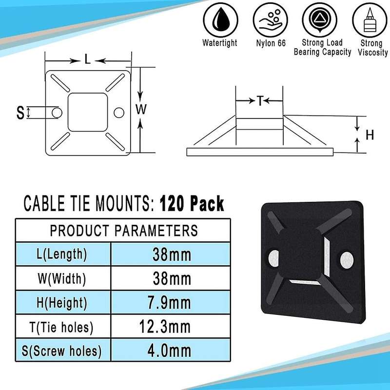 120 Pcs Adhesive Base for Cable Ties(38 x 38 mm), Self-Adhesive Base, Mounting Base for Cable Tie