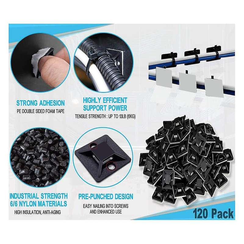 120 Pcs Adhesive Base for Cable Ties(38 x 38 mm), Self-Adhesive Base, Mounting Base for Cable Tie