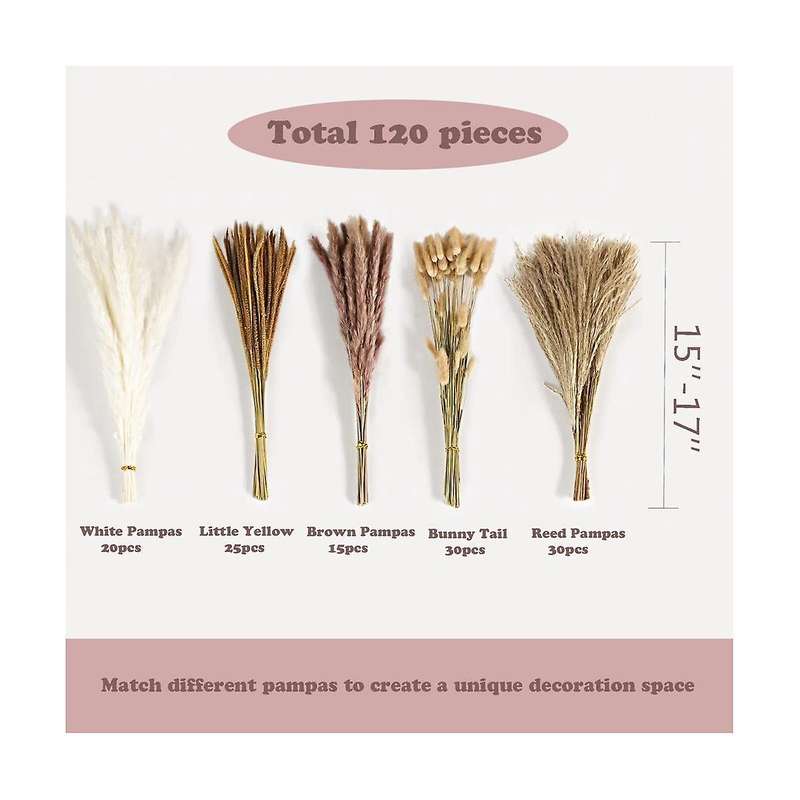 120pcs Dried Pampas Grass Bouquet for Boho Flowers Home Table Decor, Living ,rustic Farmhouse Party