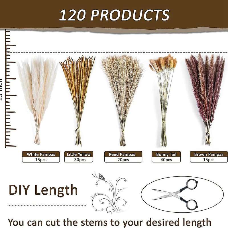 120pcs Dried Pampas Grass Bouquet Decor, Room Wedding Party Arrangements,fall Dry Flowers Bundles B