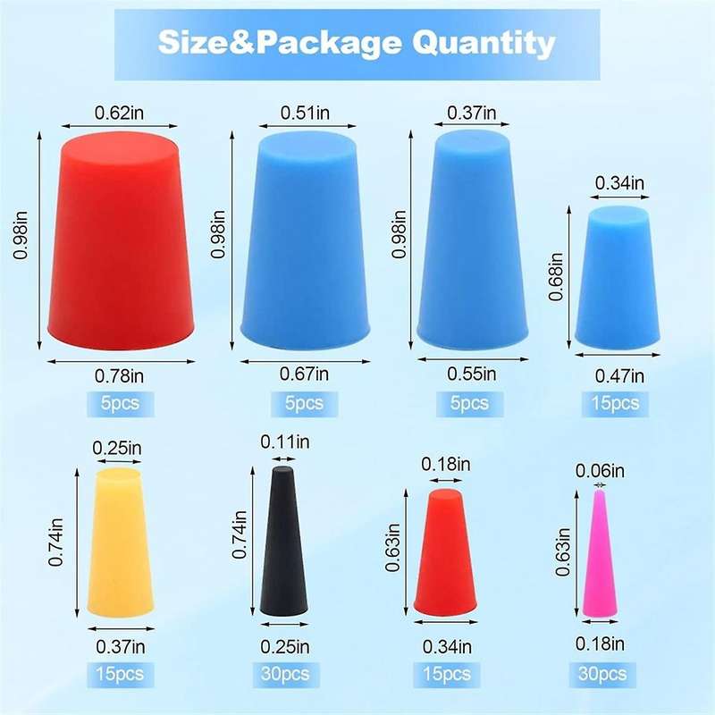 120pcs Silicone Rubber Tapered Plugs, High Temp Resistant Silicone Rubber 8 Sizes From 1/16 to 5/8in