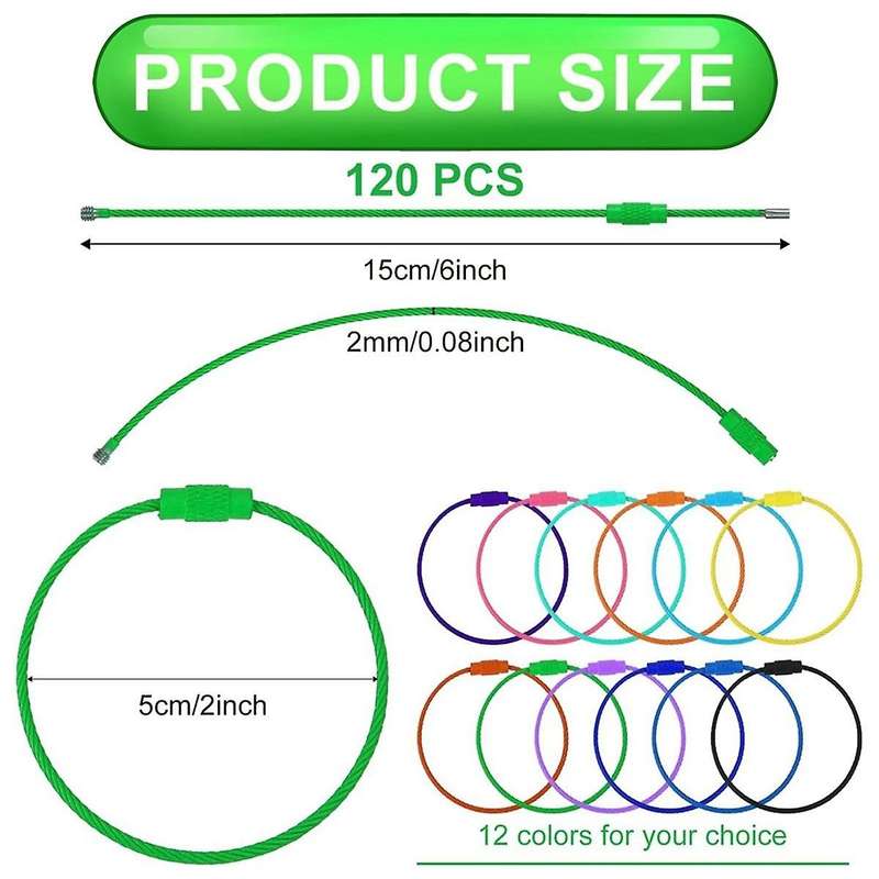 120pcs Wire Key Rings with Screw Lock, 6 Inch Cable Wire Key Chain Cable Loop Rings for Outdoor Hiki