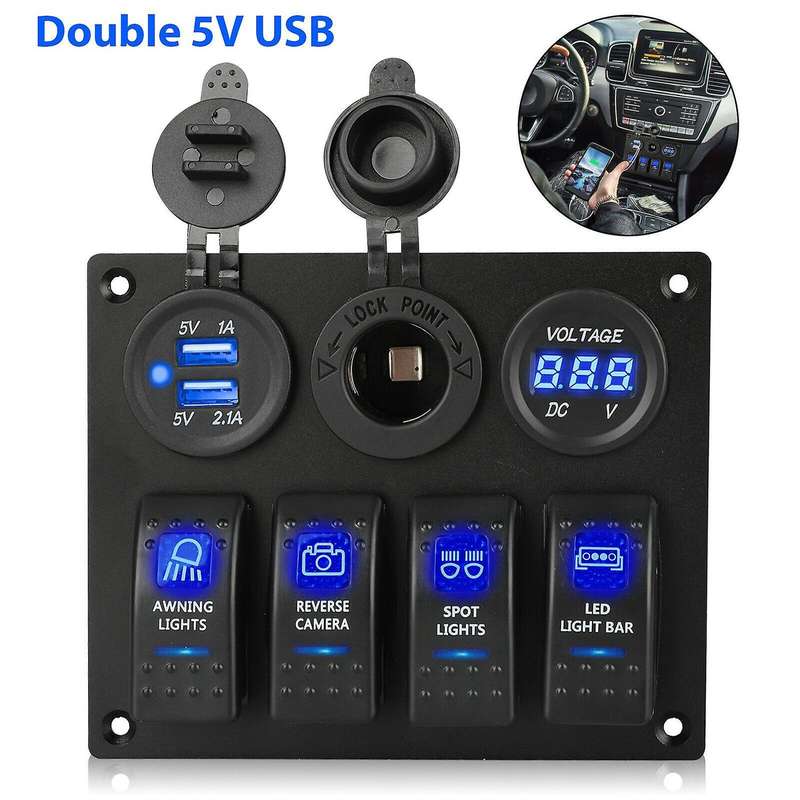 12-24v 4 Toggle Blue Led Rocker Switch Panel Circuit Breaker Waterproof for Car Boat