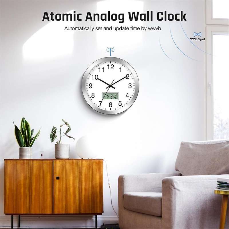 12inch Atomic Analog Wall Clock with Digital Date,Week,Indoor Temp - Battery Operated Atomic Wall Cl