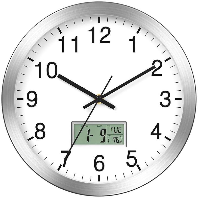 12inch Atomic Analog Wall Clock with Digital Date,Week,Indoor Temp - Battery Operated Atomic Wall Cl