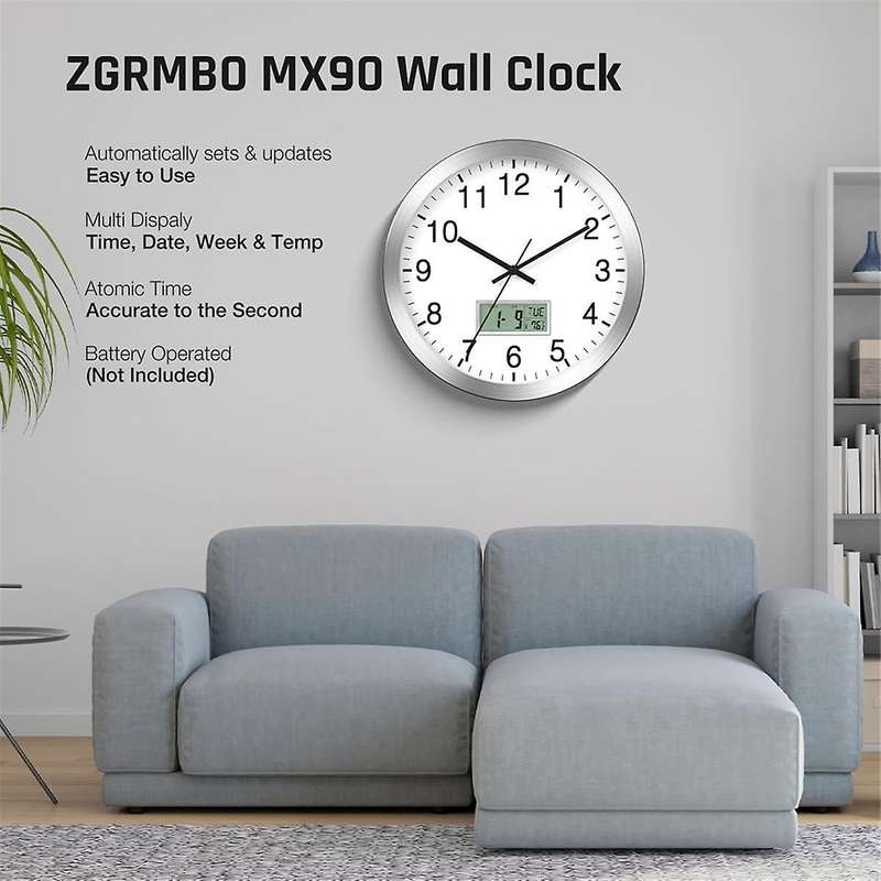 12inch Atomic Analog Wall Clock with Digital Date,Week,Indoor Temp - Battery Operated Atomic Wall Cl