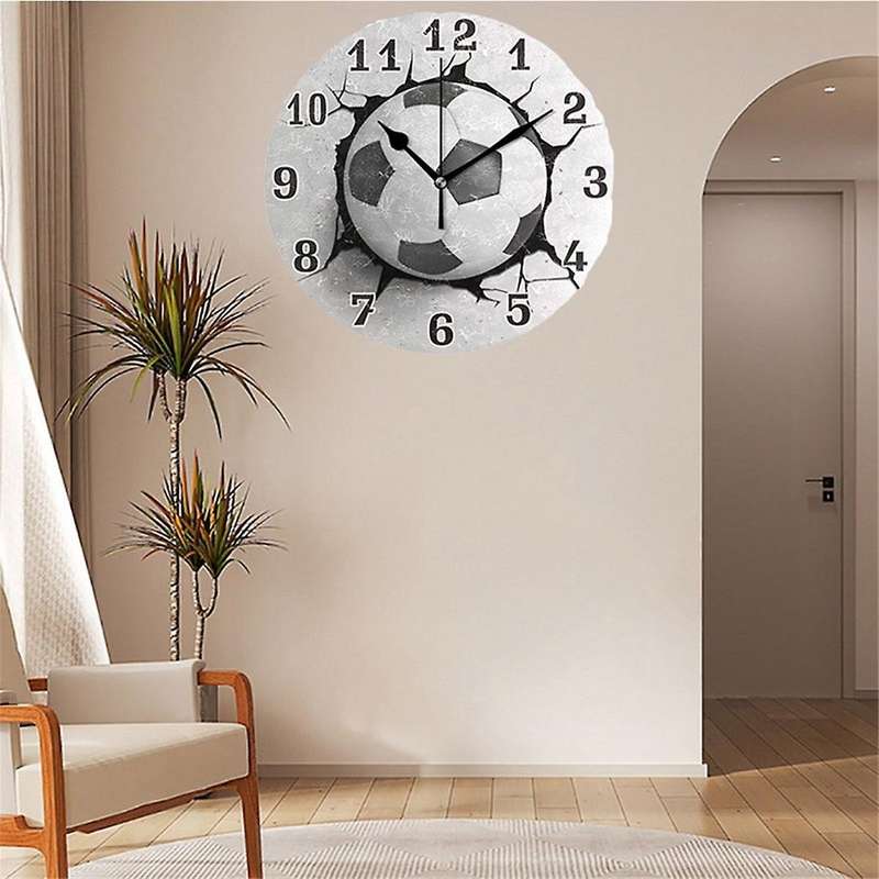 12inch Football Wall Crack Clock Round Wall Clock Mute Quartz Table Clock Bedroom Living Room Home D