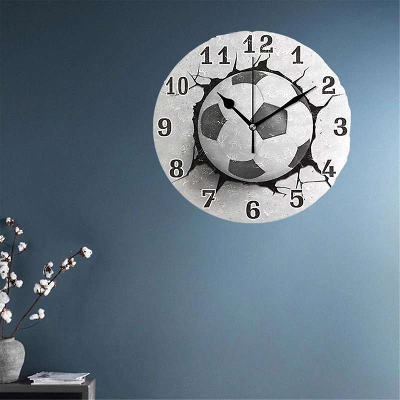 12inch Football Wall Crack Clock Round Wall Clock Mute Quartz Table Clock Bedroom Living Room Home D