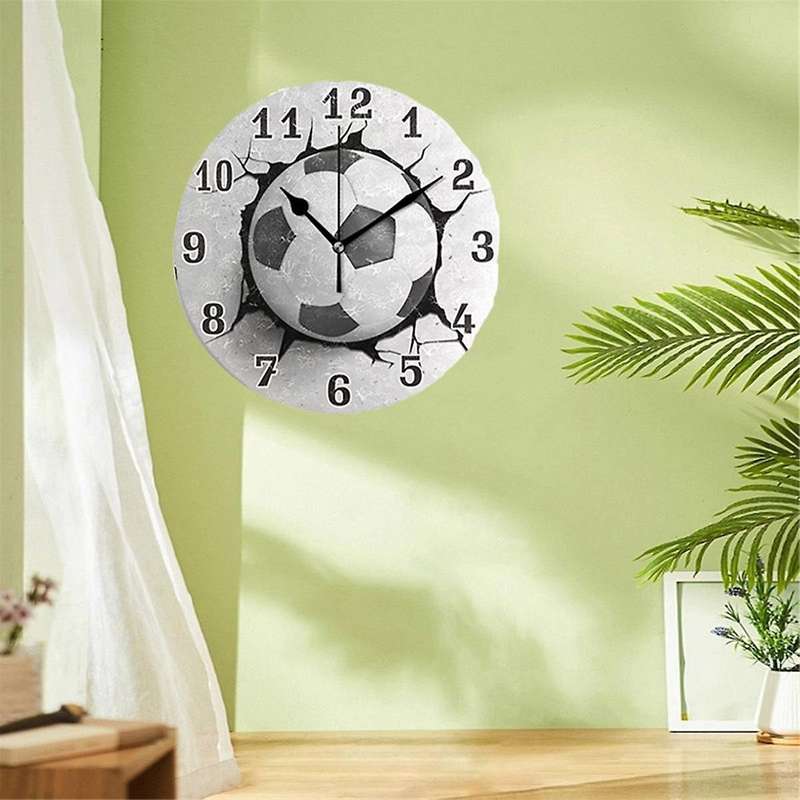 12inch Football Wall Crack Clock Round Wall Clock Mute Quartz Table Clock Bedroom Living Room Home D