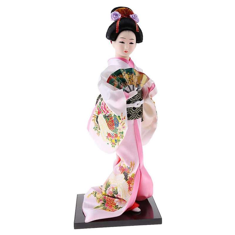 12Inch Japanese Doll Figurine with Fan Ornaments Gift Art Craft Collectables Pink Cloth Gift for