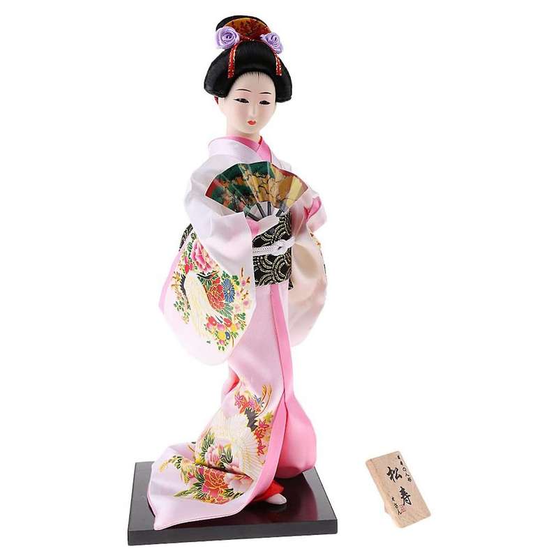 12Inch Japanese Doll Figurine with Fan Ornaments Gift Art Craft Collectables Pink Cloth Gift for