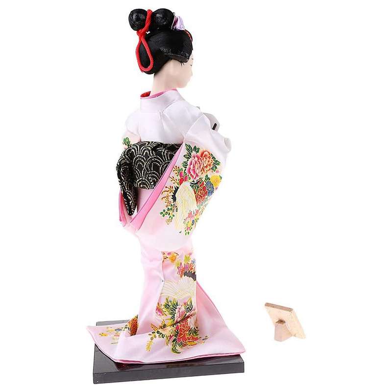 12Inch Japanese Doll Figurine with Fan Ornaments Gift Art Craft Collectables Pink Cloth Gift for