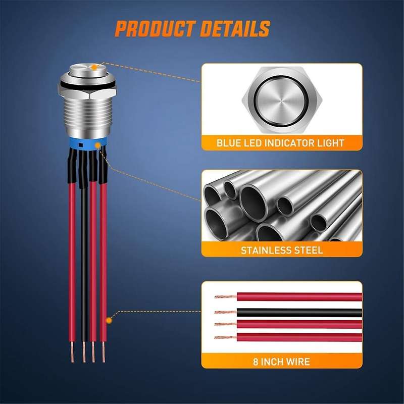 12mm Push Button Switch 5PCS with Pre Wired Harness 12V 24V Self Locking Latching LED Round Waterpro