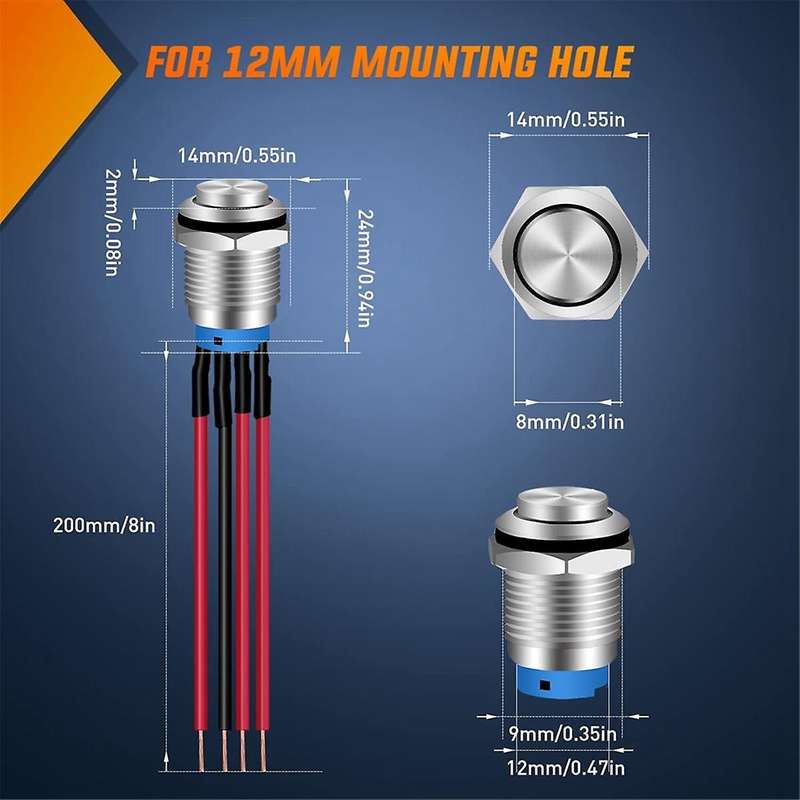 12mm Push Button Switch 5PCS with Pre Wired Harness 12V 24V Self Locking Latching LED Round Waterpro