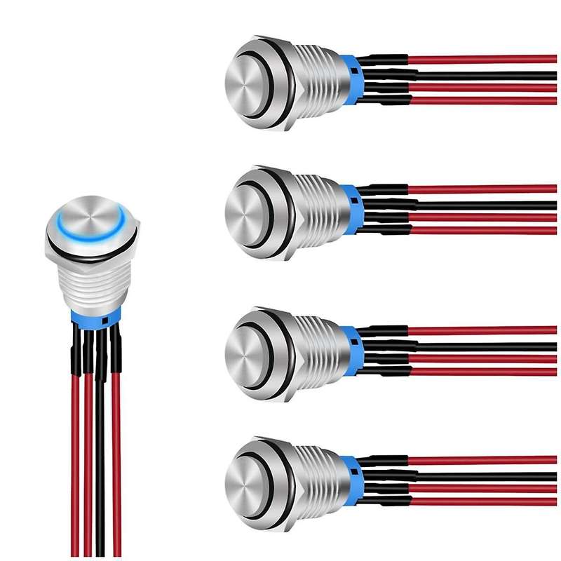 12mm Push Button Switch 5PCS with Pre Wired Harness 12V 24V Self Locking Latching LED Round Waterpro