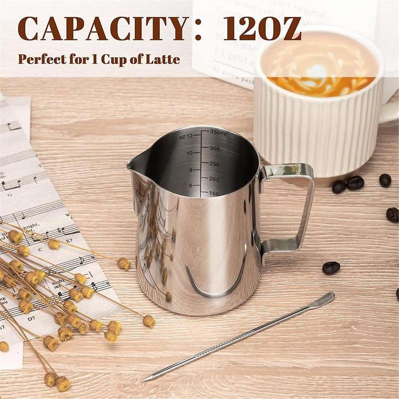 12Oz Milk Frothing Pitcher Cappuccino Espresso Machine Accessories with Latte Pen Clear Scale for Ho