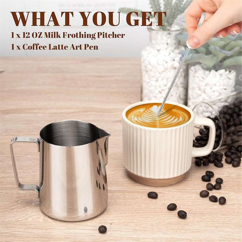 12Oz Milk Frothing Pitcher Cappuccino Espresso Machine Accessories with Latte Pen Clear Scale for Ho