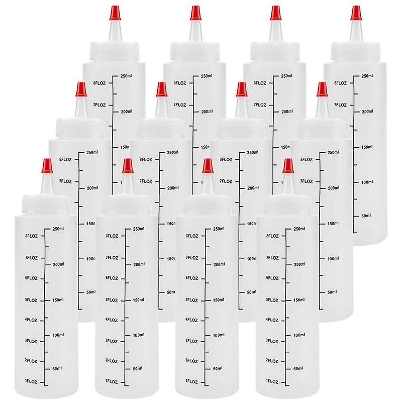 12-pack 8 Oz Condiment Squeeze Bottles with Red Tip Cap - Durable Plastic Squirt Bottle for Ketchup