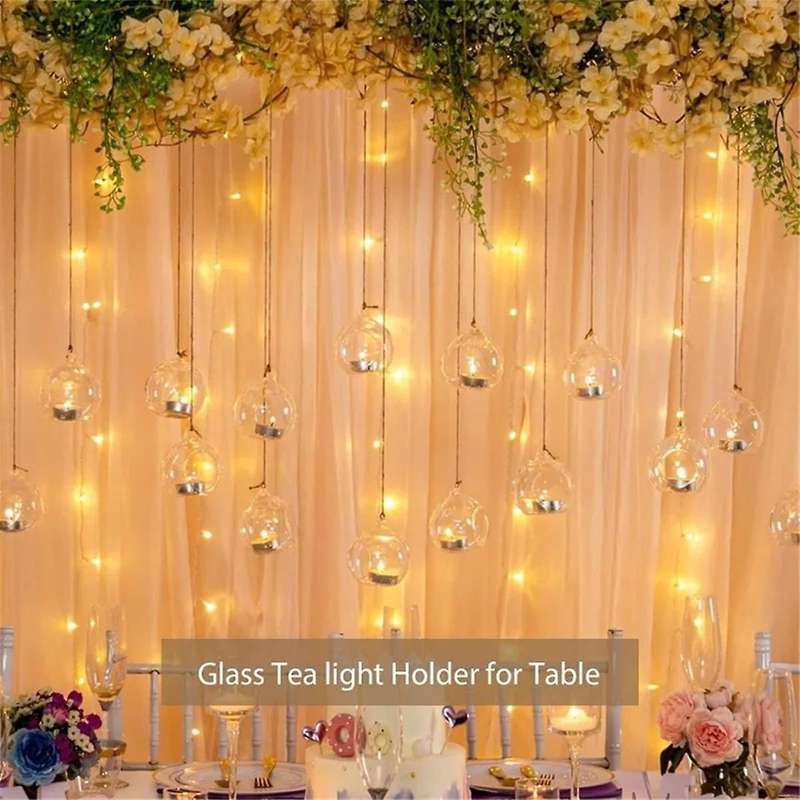 12PCS 6CM Round Hollow Glass Hanging Stand Candle Holder Wedding Art Decoration Table Lantern with E