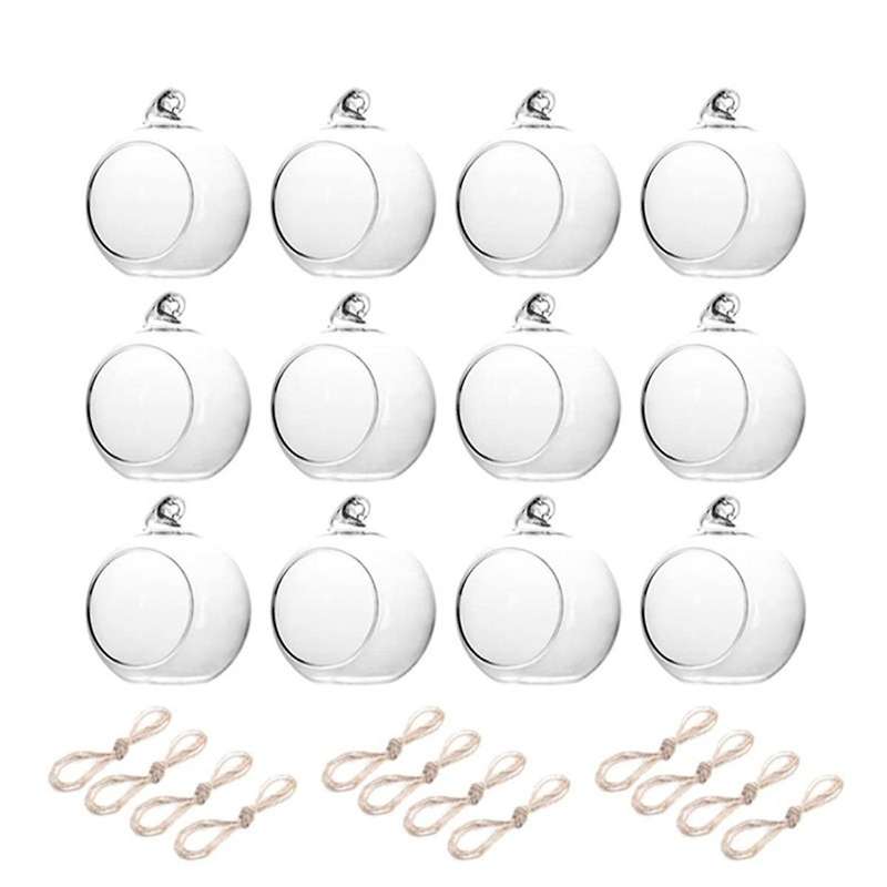 12PCS 6CM Round Hollow Glass Hanging Stand Candle Holder Wedding Art Decoration Table Lantern with E
